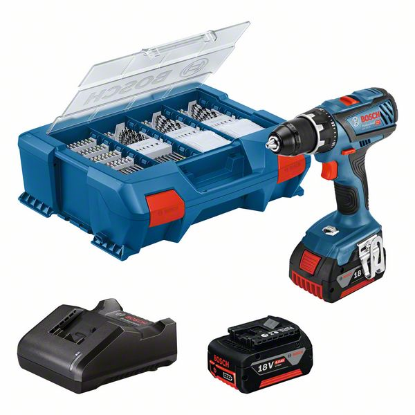 PERCEUSE VISSEUSE BOSCH GSR 18V-28 AVEC 2 BATTERIES 4 AH CHARGEUR ET 82 ACCESSOIRES