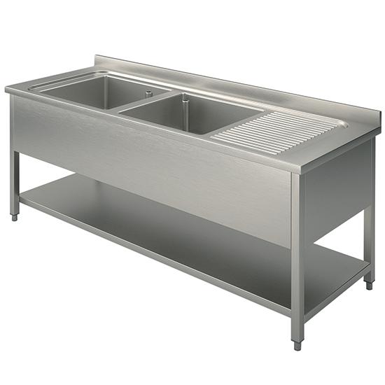 Plonge inox, 2 bacs, égouttoir à droite, sur piètement, avec étagère inférieure, 1800x600 mm - SLG2GD1856_0