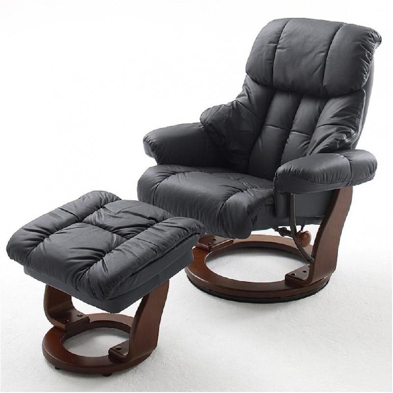 FAUTEUIL RELAX CLAIRAC ASSISE EN CUIR NOIR PIED EN BOIS NOYER AVEC REPOSE PIED_0