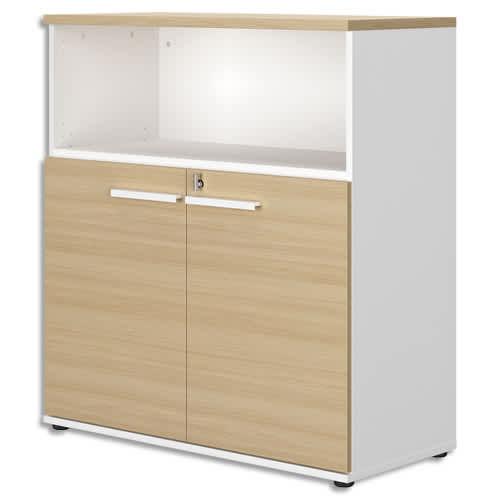 Gautier office - Armoire mi-haute avec 2 portes, 1 niche et 2 étagères - Finition chêne structuré et corps blanc - L80 x H109 x P45 cm_0