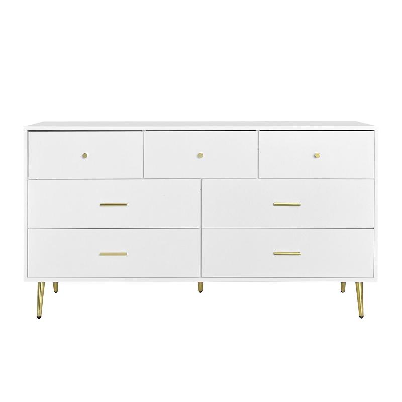 Merax Buffet blanc, 7 tiroirs, poignées dorées, pieds dorés, coulisses de tiroirs lisses, 140*35*76 cm - blanc multi-matériau 321313314AAW_0
