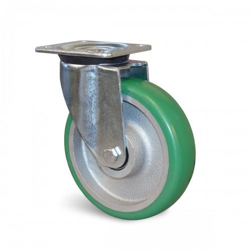 ROULETTE ÉPAISSE PIVOTANTE SUR PLATINE FONTE/POLYURÉTHANE 160 MM - CHARGE 550 KG GUITEL