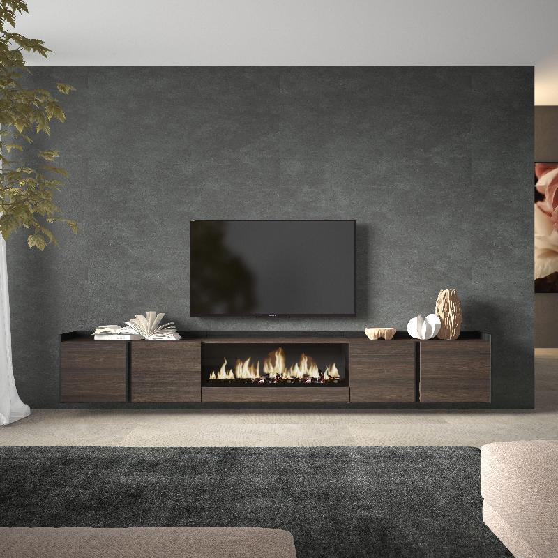 SKRAUT HOME - MEUBLE TV EFFET BOIS DE CHÊNE ET NOIR 315X35X50CM CHEMINÉE EFFET FEU