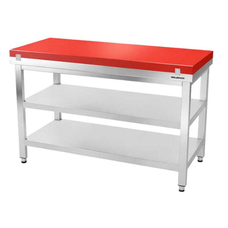 Table de travail en inox 1400x600 mm avec plaque de découpe rouge et 2 étagères PREMIUM - GOLDINOX - gris inox 3701770841431_0