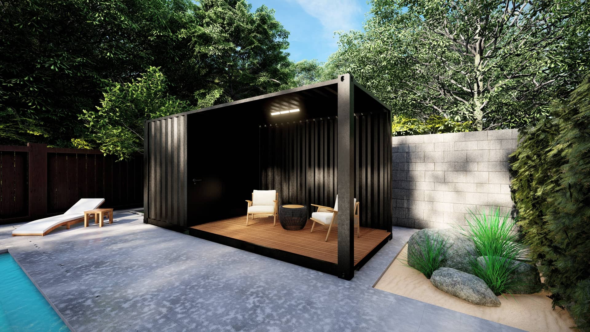 Container pool house avec terrasse ouverte et local fermé -  H 2,60 m x L 6,06 m x l 2,44 m_0