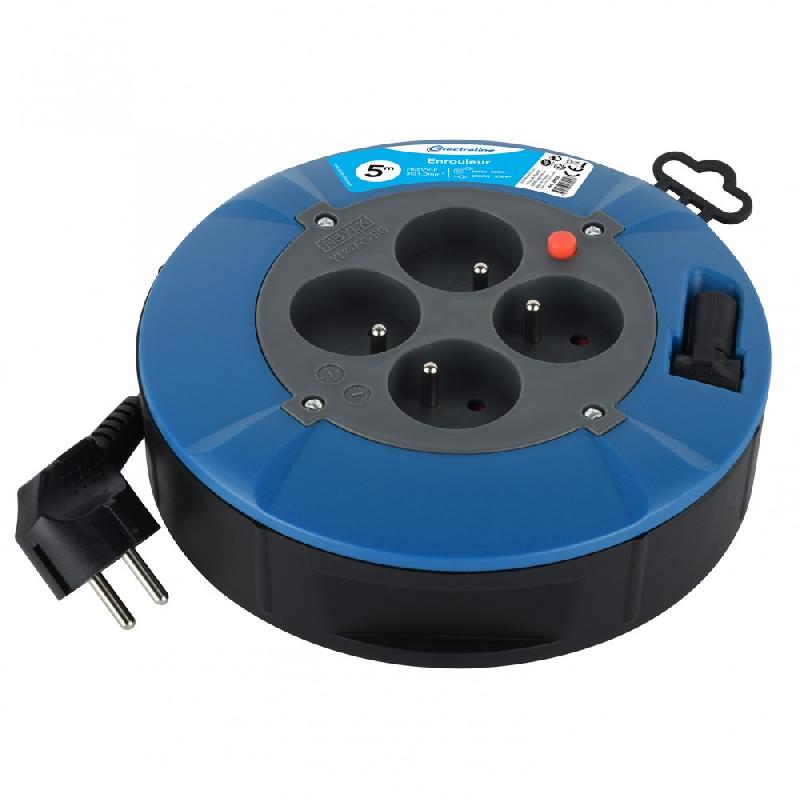 Enrouleur de câble électrique ménager plat avec terre - 5 m - HO5VVF 3G1 - 4 prises - Electraline_0