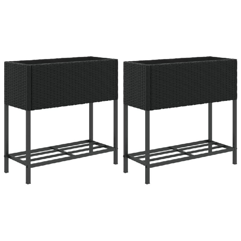 Helloshop26 - Jardinière bac lit surélevé plantes fleurs jardin terrasses avec étagère lot de 2 70 x 28 x 70 cm résine tressée noir 02_0038880_0