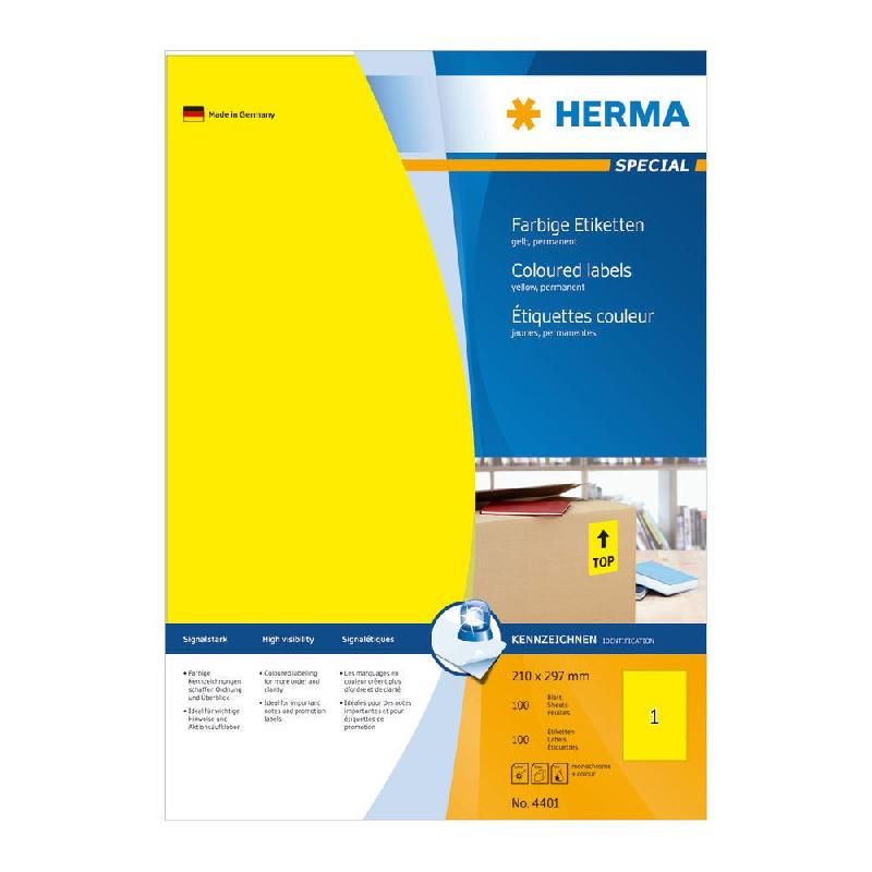 HERMA ETIQUETTES COULEUR - HERMA - COLORIS : JAUNE -  210 X 297 - BOITE DE 100 ÉTIQUETTES