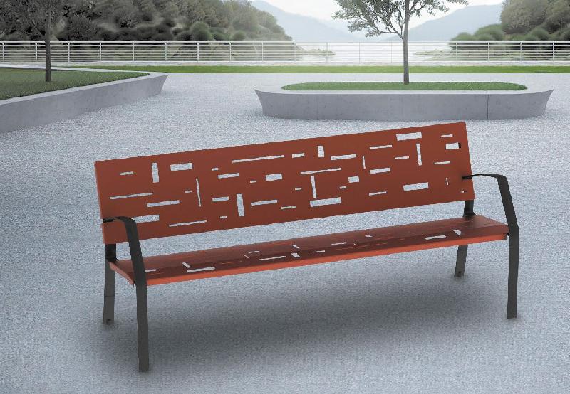 Banc public métal Abstract - assise et dossier en tôle d'acier, piètement en fonte ductile_0