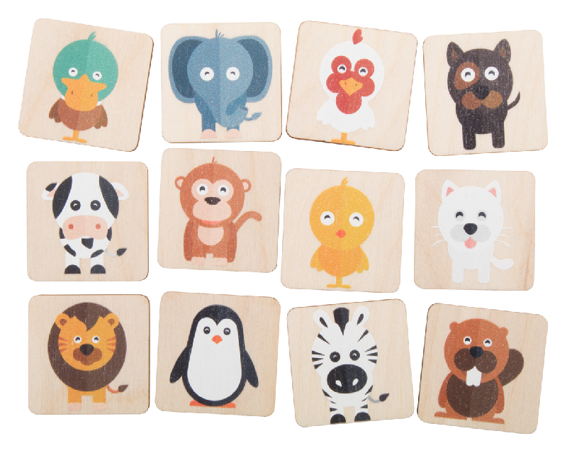 Jeu de memory en bois de bouleau laminé - motifs animaux - 24 tuiles avec logo imprimé_0