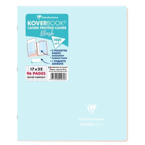 LOT DE 10 - CAHIER PIQUÉ KOVERBOOK BLUSH 17X22CM 96 PAGES GRANDS CARREAUX COUVERTURE POLYPROPYLÈNE OPAQUE BICOLORE - BLEU GIVRÉ/CORAIL