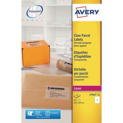 Avery L7567 Etiquettes pour colis adaptées aux imprimantes laser, 210 x 297 mm, 25 feuilles, 1 étiquette par feuille, auto-adhésives, transparentes_0