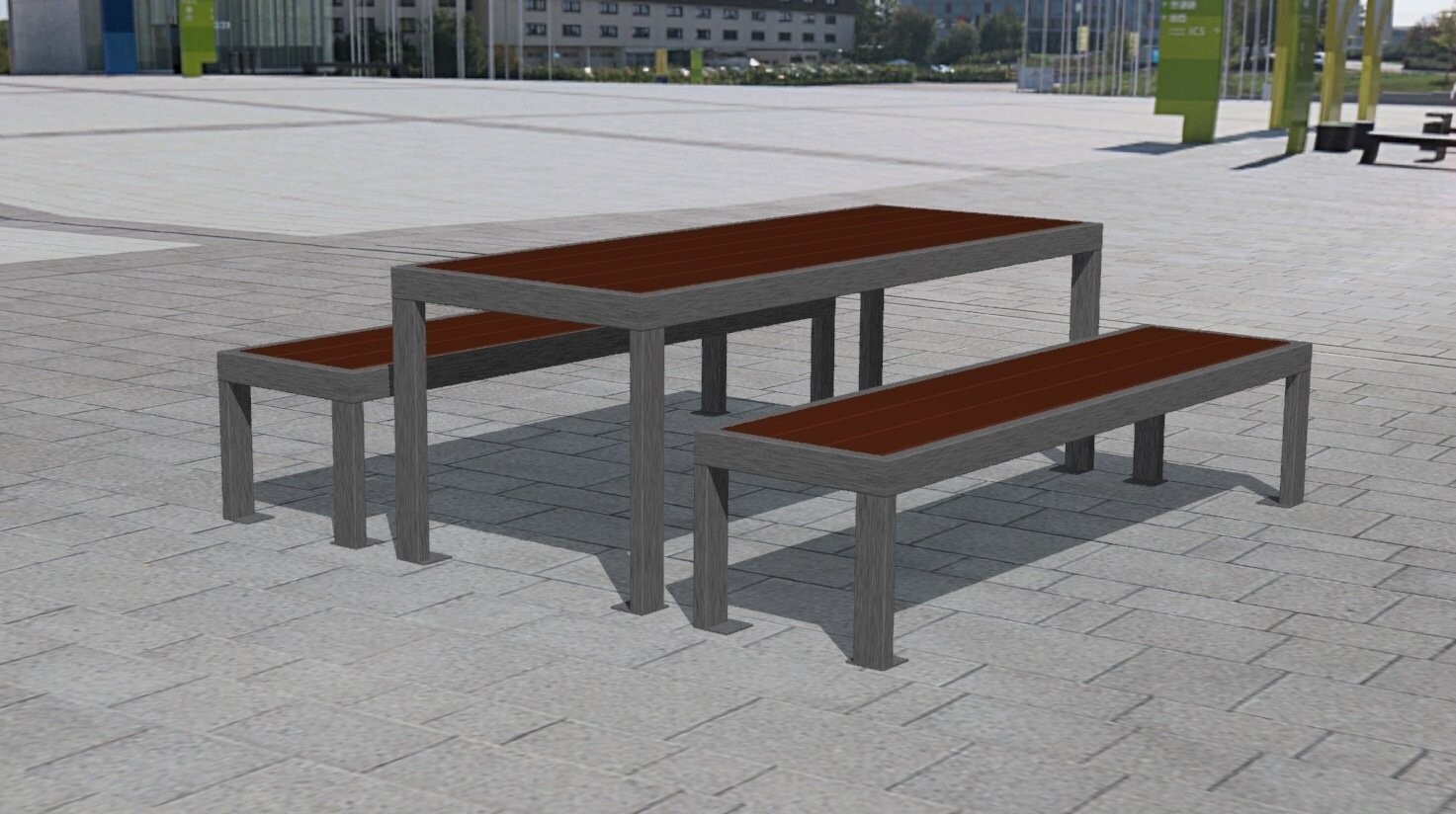 Table et 2 bancs haute qualitéen acier inoxydable et bois exotique - Référence MUB13_0