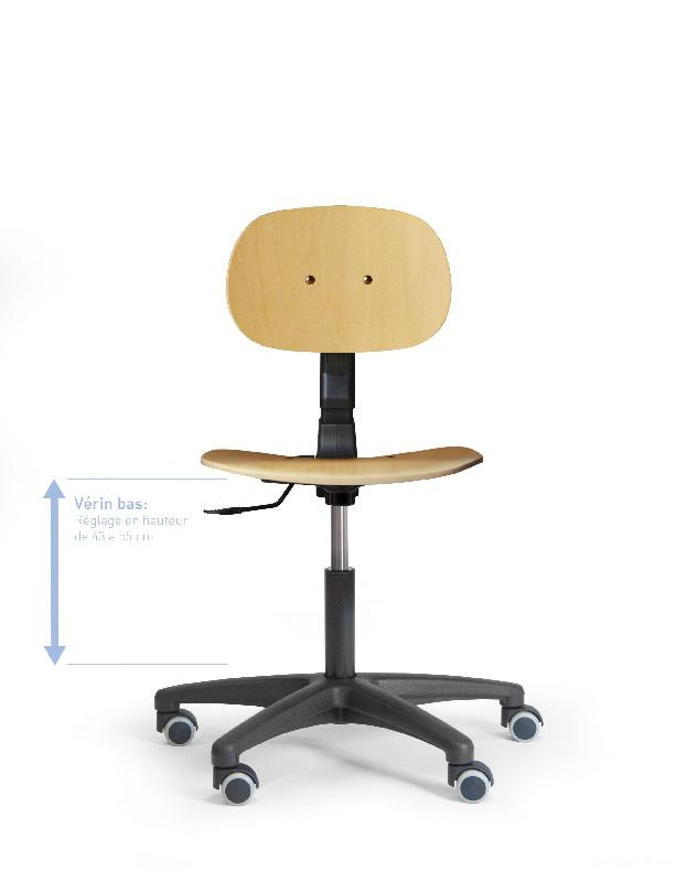 Siège d'atelier en bois - contact permanent - réglable en hauteur et inclinaison - piétement nylon - roulettes autobloquantes_0