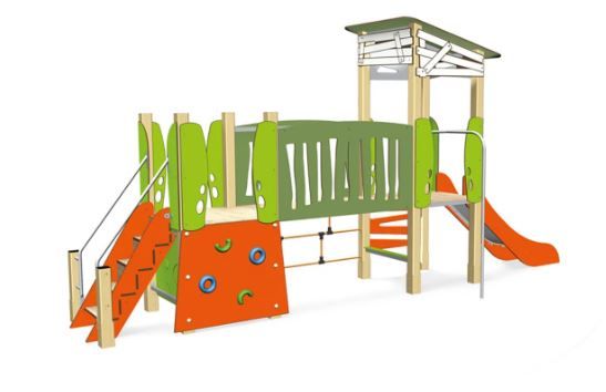 3703 - Ma Cabane, structure pour aire de jeux Transalp - 2 tours avec toboggan, mur d'escalade et panneaux ludiques_0