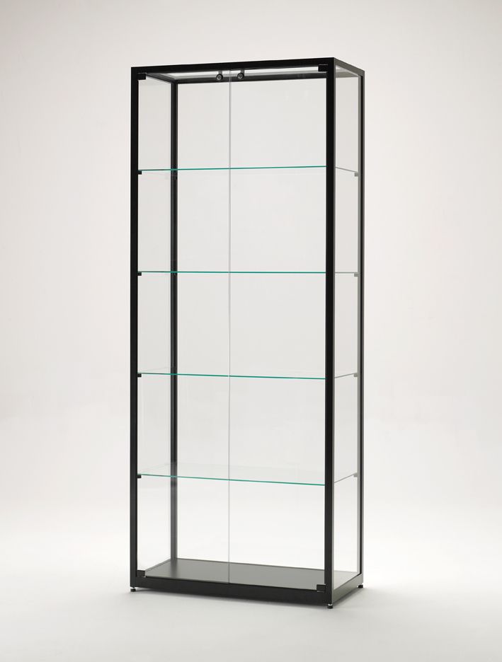 Vitrine l 80 cm aluminium noir top en verre et portes battantes avec serrure_0