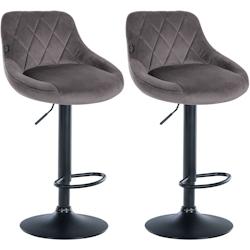 Décoshop26 - Set de 2 tabourets de bar coutures décoratives losanges assise en velours gris et cadre en métal noir TDB10779 - gris 3000250476317_0