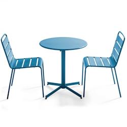 Oviala Business Ensemble table de terrasse ronde et 2 chaises métal bleu pacific - Oviala - bleu acier 106895_0