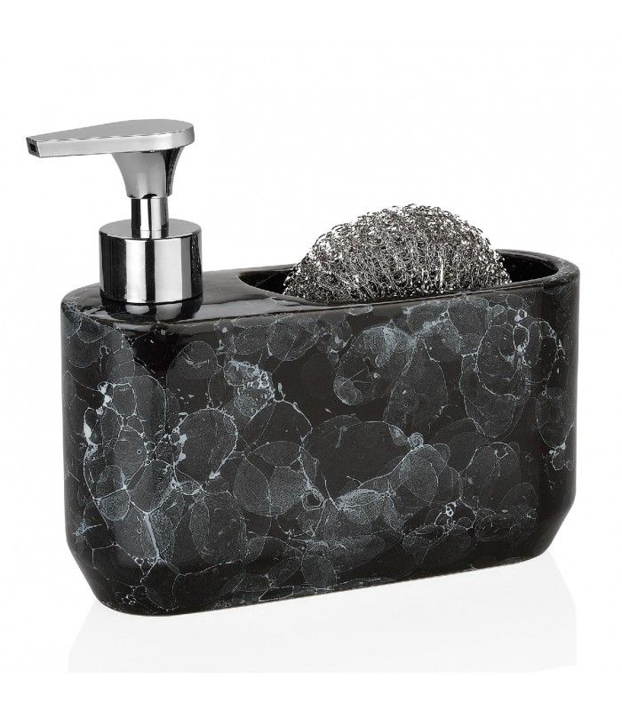 Distributeur de savon - Wadiga - céramique effet marbre noir avec porte-éponge - dimensions : 18.5 x 7 x 16 cm_0