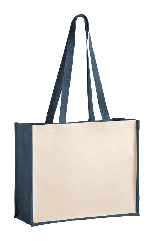 Sac shopping en jute laminée et coton laminé - anses longues - couleur bleu foncé - poids 185g_0