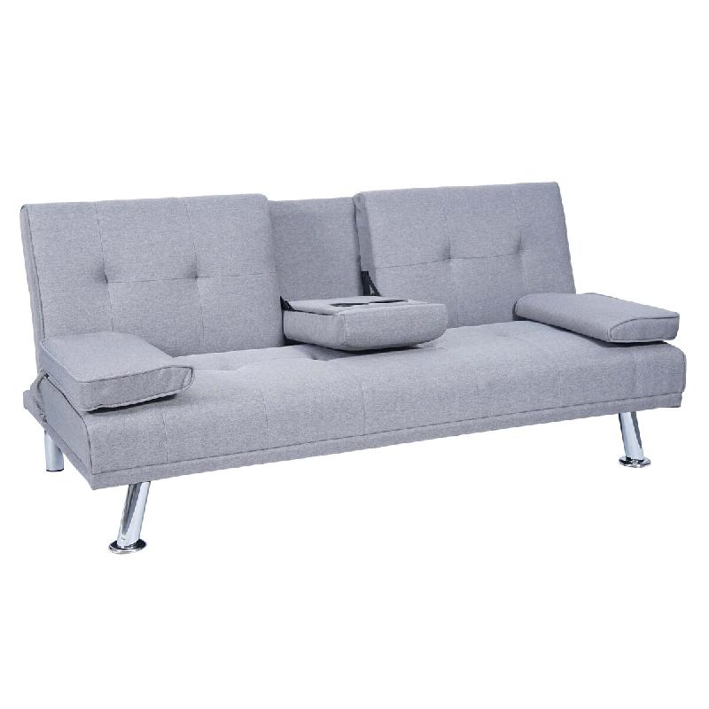 Décoshop26 - Canapé 3 places convertible avec porte-gobelets rabattables dossier réglable 166 x 97 cm tissu gris clair 04_0010965 - gris 3000268336863_0