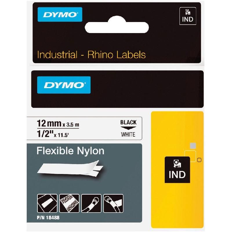 DYMO RUBANS TITREUSE DYMO RHINO - ÉCRITURE NOIR / FOND BLANC - 12 MM X  LONGEUR 3,5 M - NYLON - MODÈLE 18488