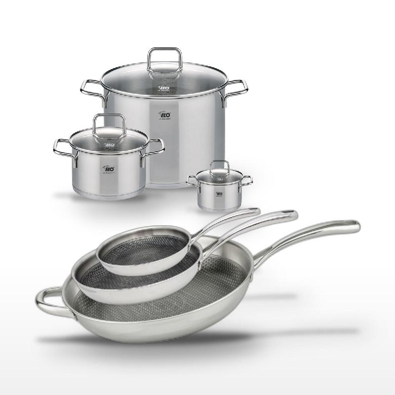 Lot de 3 Poêles 24/28/32cm et 3 Faitouts 12/20/26cm Elo Relief Evolution - gris inox 3176239958201_0