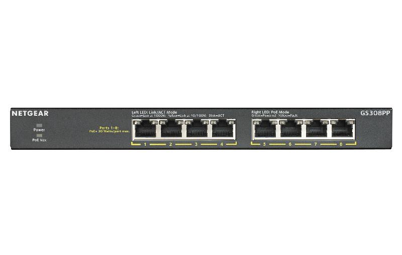 Netgear GS308PP Non-géré Gigabit Ethernet (10/100/1000) Connexion Ethernet, supportant l'alimentation via ce port (PoE) Noir_0