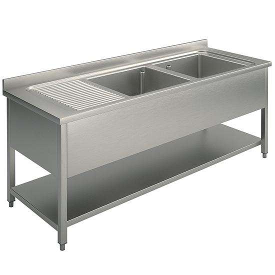 Plonge inox Virtus - 2 bacs, égouttoir à gauche, piètement avec étagère inférieure, 1800x600 mm - SLG2GS1856_0