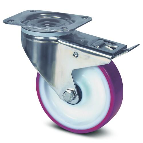 ROULETTE PIVOTANTE BLOCAGE TOTAL INOX - ROUGE - PLATINE - Ø 125 MM - ALPHA TENTE