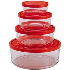 BOÎTES DE CONSERVATION RONDES EN VERRE COUVERCLE PLASTIQUE ROUGE Ø 11,15,18,23CM - SET DE 4 - BORMIOLI ROCCO - GELO BOX