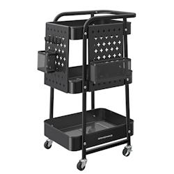 Helloshop26 - Chariot de rangement 3 plateaux en maille métallique 2 panneaux perforés amovibles 2 supports suspendus 4 crochets 12_0005011 - 300022_0