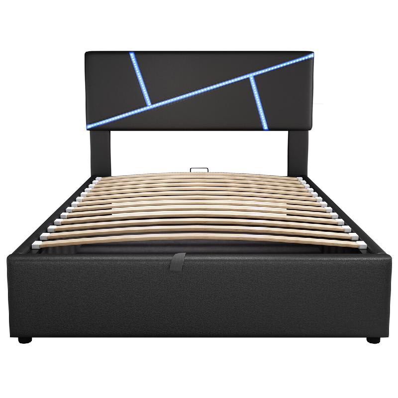 Merax Lit rembourré lit simple 90x200 cm, cuir artificiel (PU) noir, avec éclairage LED dans la tête de lit, sommier à lattes hydrauliques, lit av_0