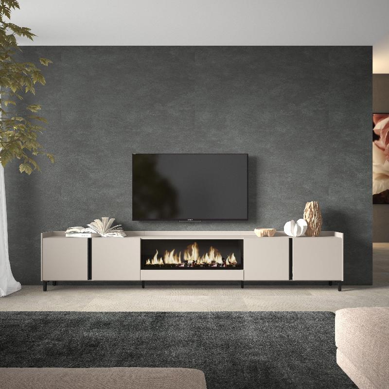 SKRAUT HOME - MEUBLE TV EFFET BOIS BEIGE 315X35X61CM CHEMINÉE EFFET FEU XXL