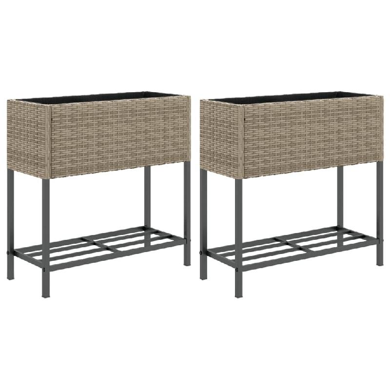 Helloshop26 - Jardinière bac lit surélevé plantes fleurs jardin terrasses avec étagère lot de 2 70 x 28 x 70 cm résine tressée gris 02_0038879_0