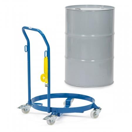 Plateau roulant rond à fût avec dossier de poussée - Chariot pour fûts de 60 ou 200L - Charge 250kg - Roues pivotantes avec freins_0