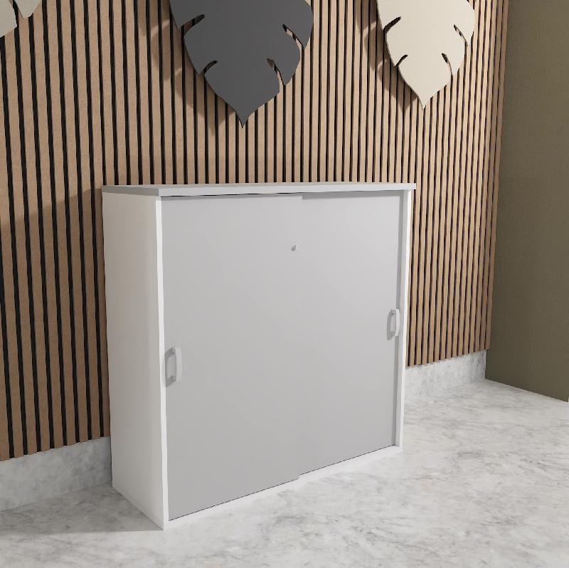 Armoire mi-haute à portes coulissantes - Mobel Linea - 100, Gris aluminium, Blanc pastel_1