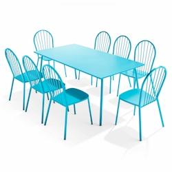 Oviala Business - Ensemble table de terrasse rectangulaire et 8 chaises bistrot en acier thermolaqué bleu - Protection anti-rouille et UV_0