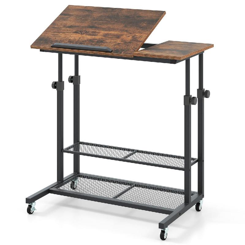 Helloshop26 - Bureau assis-debout réglable en hauteur 81 x 50 x 64,5-89 cm avec étagères et roulettes design rustique en bois et 20_0015719 - méta_0