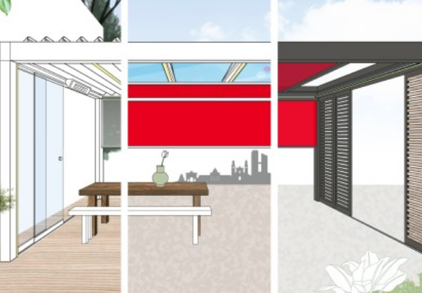 Auvent terrasse avec pergola bioclimatique -Toit de terrasse en alu, toile ou verre - Système de toit Lamaxa L50_0