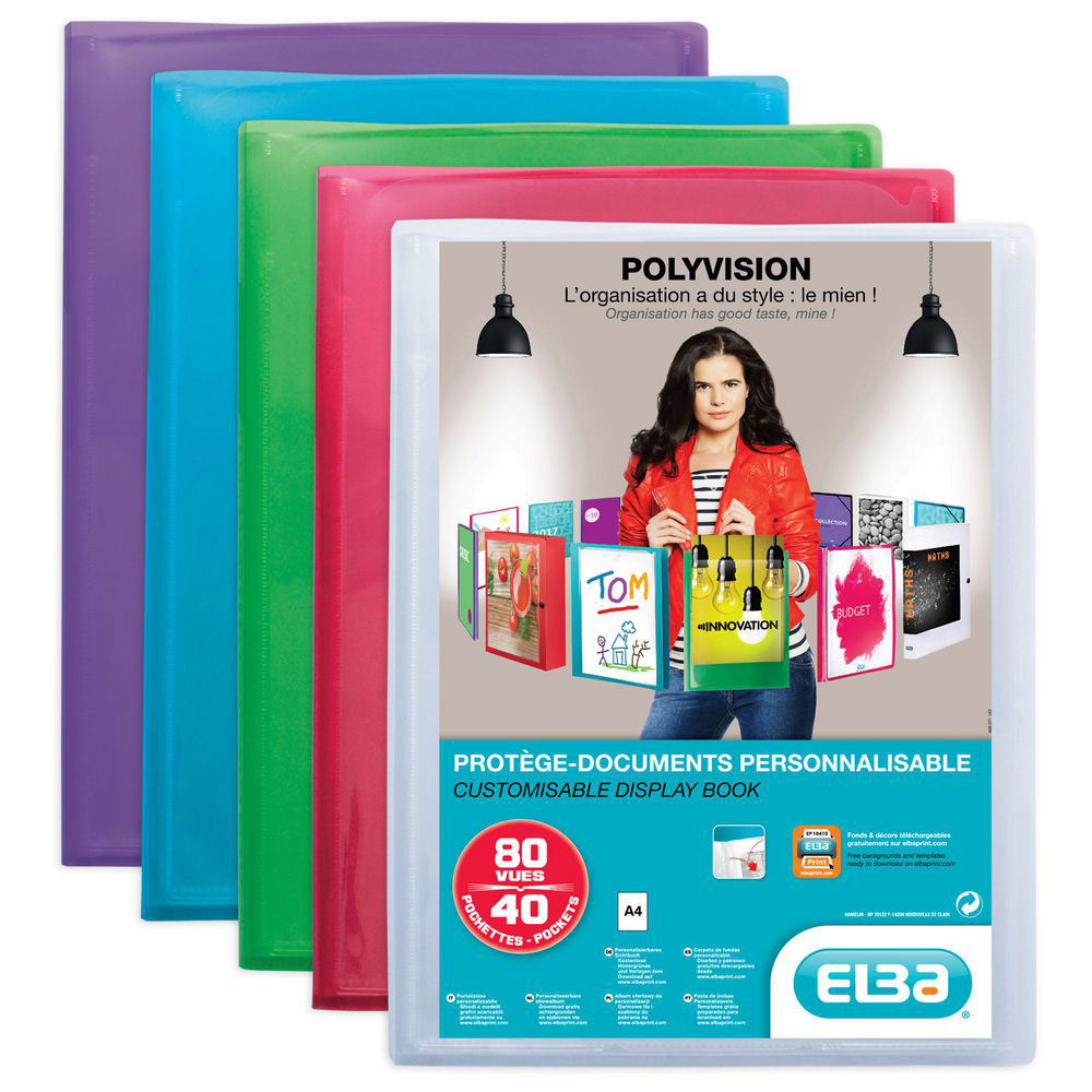 PROTEGE DOCUMENT ELBA - TRANSPARENT ET PERSONNALISABLE - 40 POCHETTES 80 VUES - POUR FORMAT 21 X 29.7 CM - 4 COULEURS : BLEU, INCOLORE, MANDARINE, VERT - LOT DE 12