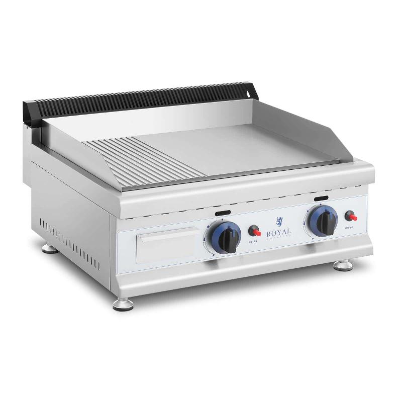 ROYAL CATERING PLANCHA À GAZ EN INOX GRILL PROFESSIONNEL 60 CM 2 ZONES DE CUISSON 2 X 3 100 WATTS (PLAQUE 60 X 40 CM, 20 MBAR, GAZ NATUREL, 50 - 300 °C, LISSE / RAINURÉE, ÉVACUE LA GRAISSE) 14_0004037_0