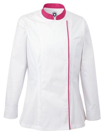 VESTE DE CUISINE FEMME BLANC ET FUSHIA MANCHES LONGUES T.M