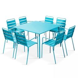 Oviala Business Ensemble table de terrasse carrée et 8 fauteuils en métal bleu - Oviala - bleu acier 103642_0