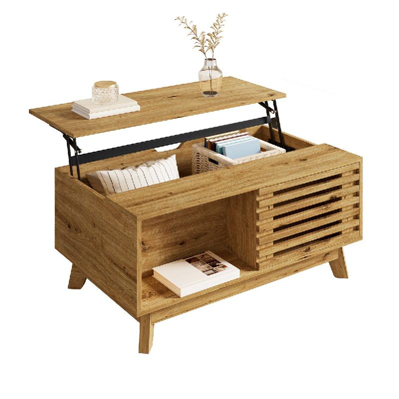 Merax Table basse 90 x 55 x 57,5 cm avec plateau réglable en hauteur, porte aveugle coulissante et corps en MDF, coloris bois naturel - Bois manufact_0