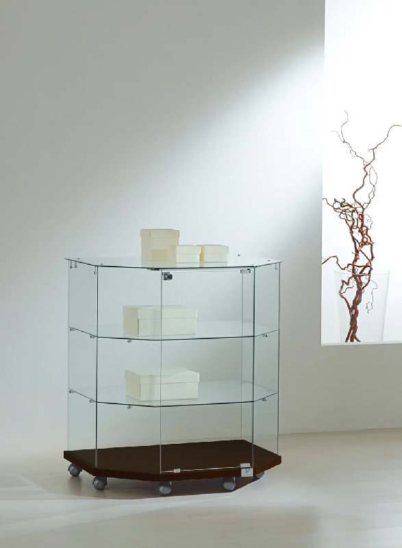 Vitrine hexagonale basse en verre trempé 8/90TVA - wengé - dimensions compactes et base en bois sur roulettes_0