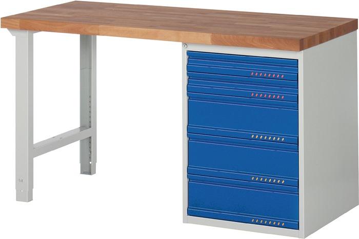 Établi série BK 650 l.1500xP700xH840 mm hêtre massif gris clair, RAL 7035 bleu gent.,RAL 5010 5 tiroirs PROMAT_0