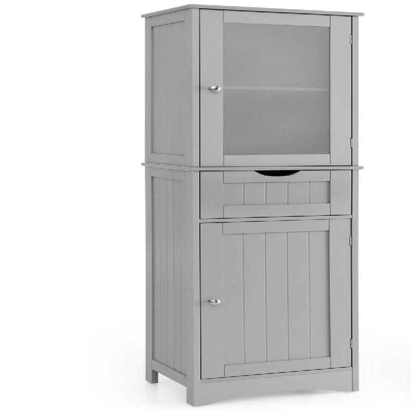 COSTWAY Armoire haute bain 170cm avec tiroir, étagères réglables et porte vitrée, bois, noir - noir Bois manufacturé VH32891SD_0