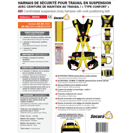 Harnais confort pour travail en suspension 3 points d'accrochage dorsal + sternal + ventral référence 3800g_0