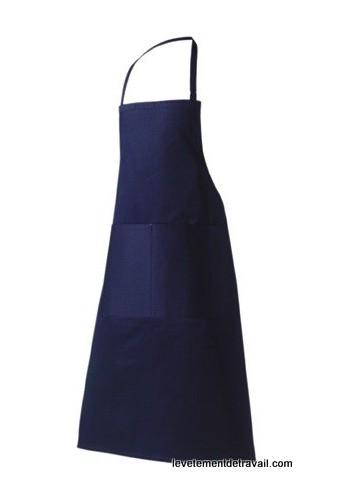 Tablier de cuisine à bavette marine - 100% coton - poche ventrale double - 105x100 cm_0